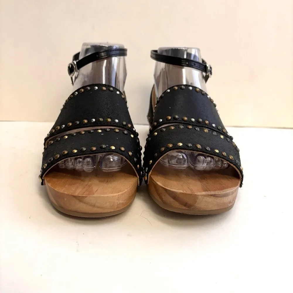 FREE PEOPLE Wooden Heels Black Leather North Shore Sandals Women’s 38 (US 7.5-8) - Picture 4 of 10